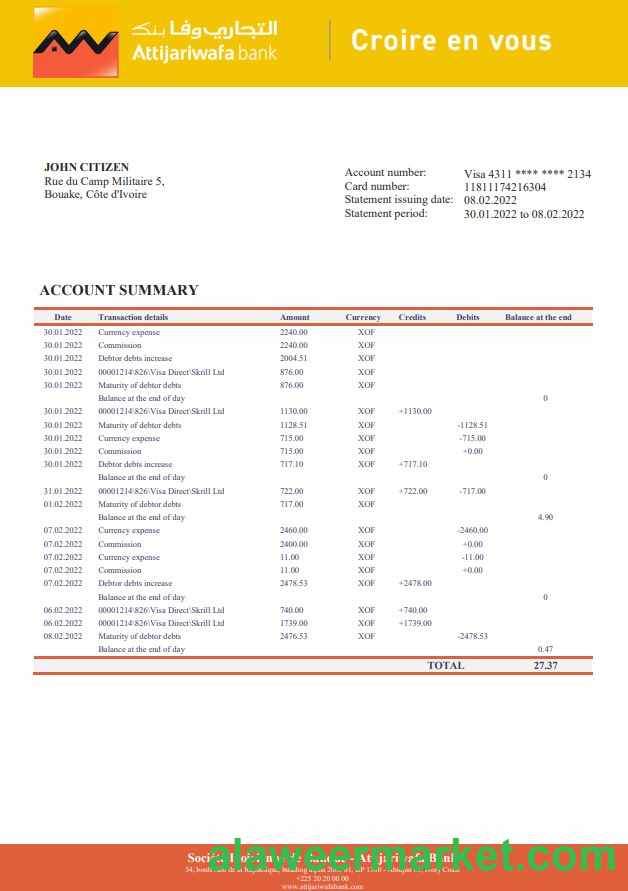 Cote d'Ivoire Attijariwafa bank statement